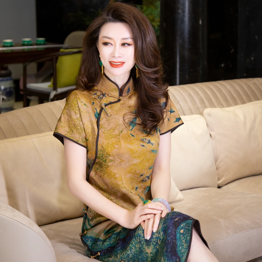 EDFNOT/杨红霞汝意WY香云纱旗袍鱼戏流金河2101-5051