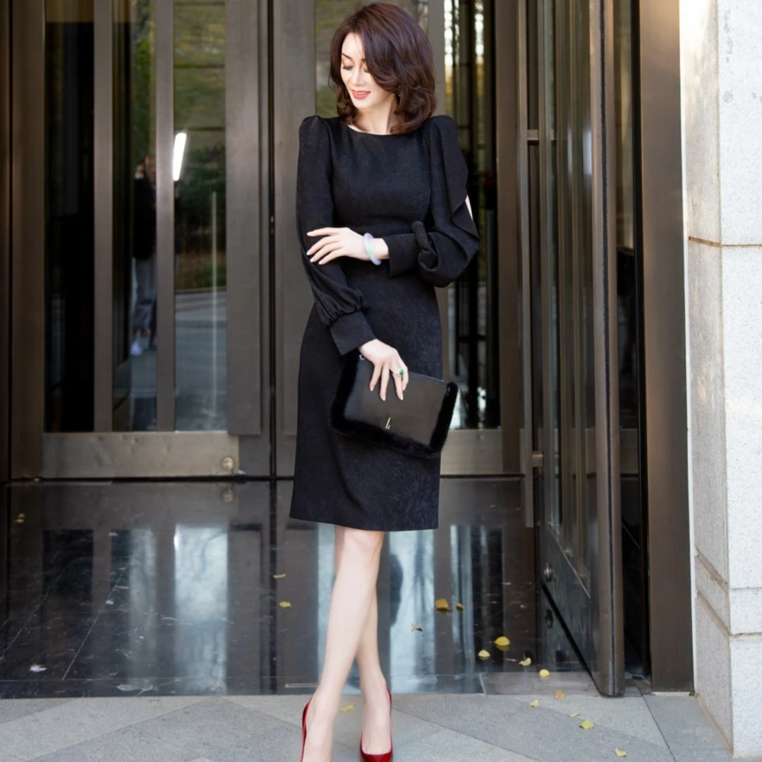 EDFNOT/杨红霞汝意FS半露肩礼服连衣裙优雅大气时尚经典款