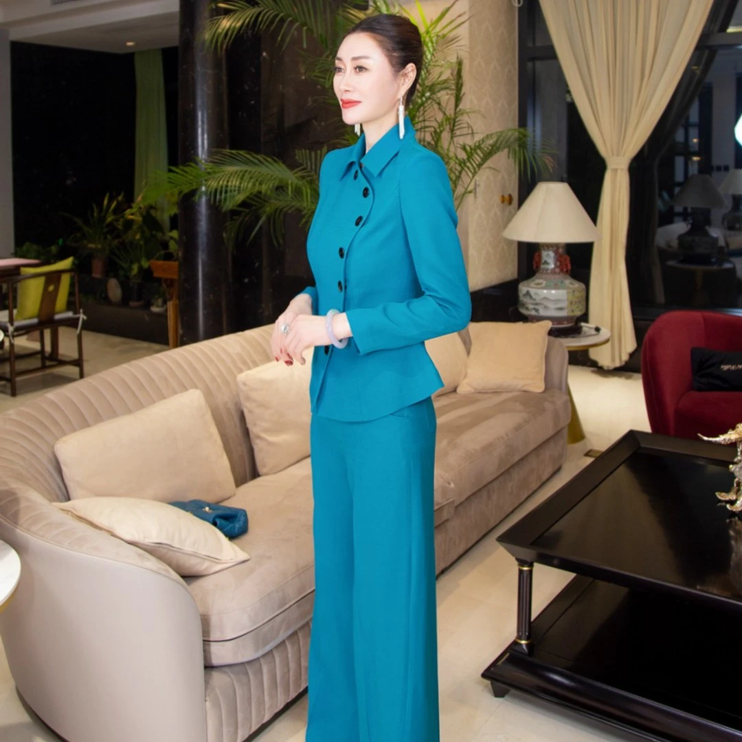 EDFNOT/杨红霞汝意YW孔雀蓝哑光丝毛翻领外套/高腰三粒扣长裤