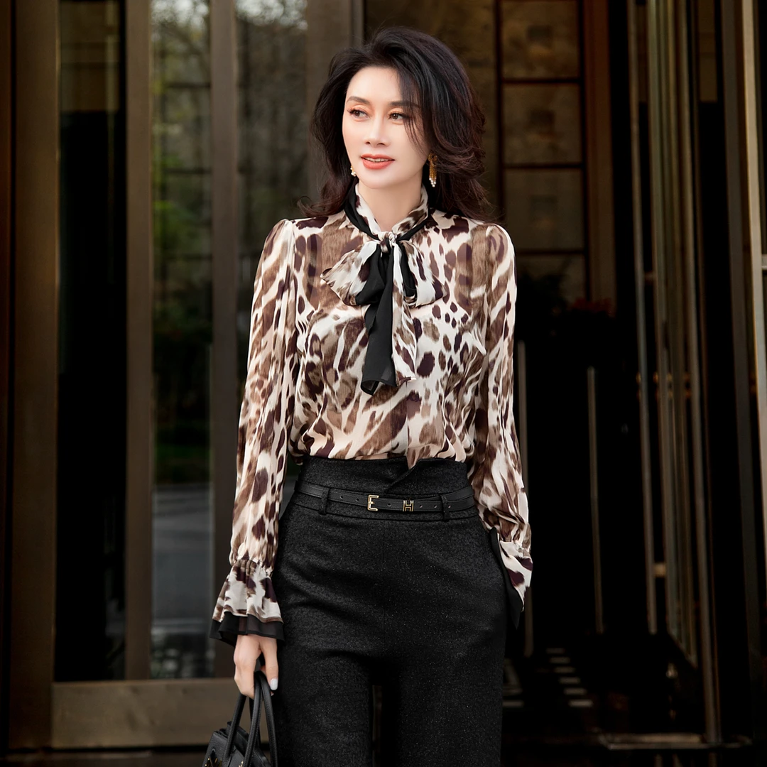 EDFNOT/杨红霞汝意MSZZ豹纹飘带衬衫1775