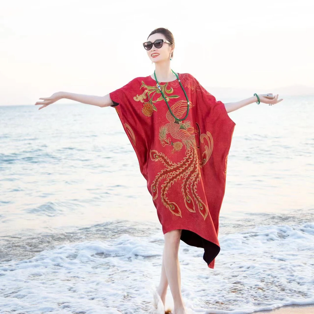 WY香云纱红底凤祥花连衣裙