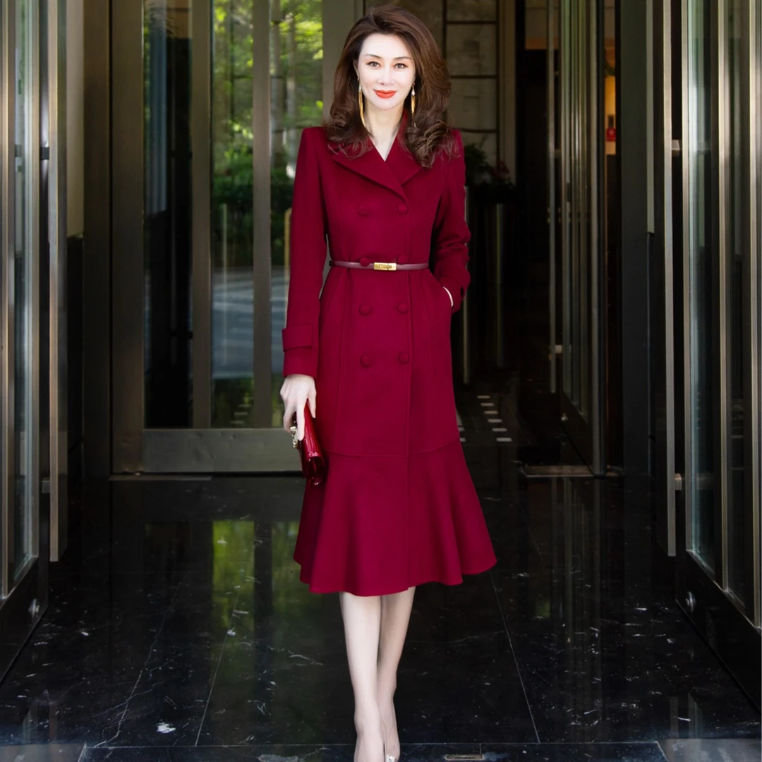 GS酒红色鱼尾大衣优雅大气时尚经典款【高端服装定制专家】