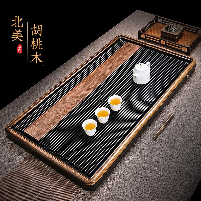 胡桃实木排水式茶盘电木家用干泡简约整板茶台新中式高端功夫茶具