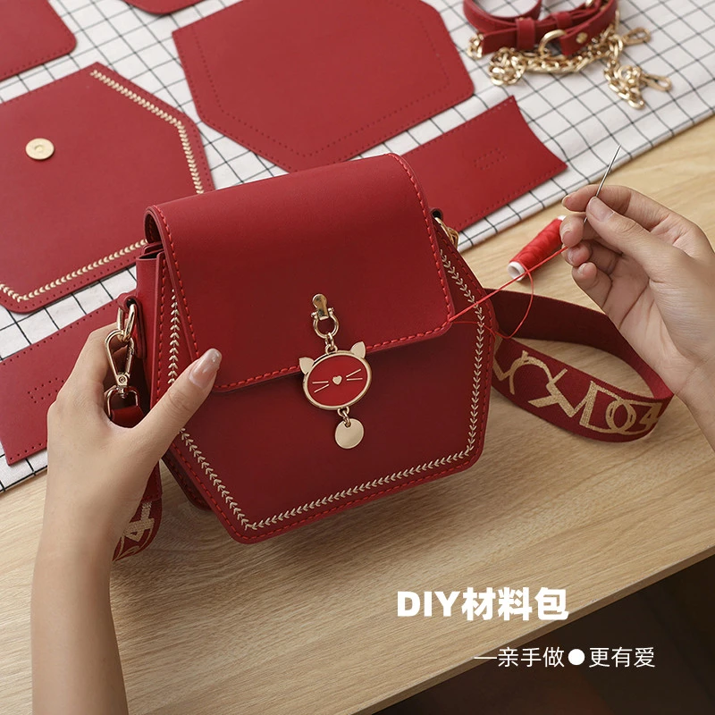 手工diy单肩斜挎六角包自制作材料包质感红色婚包送情人节礼物