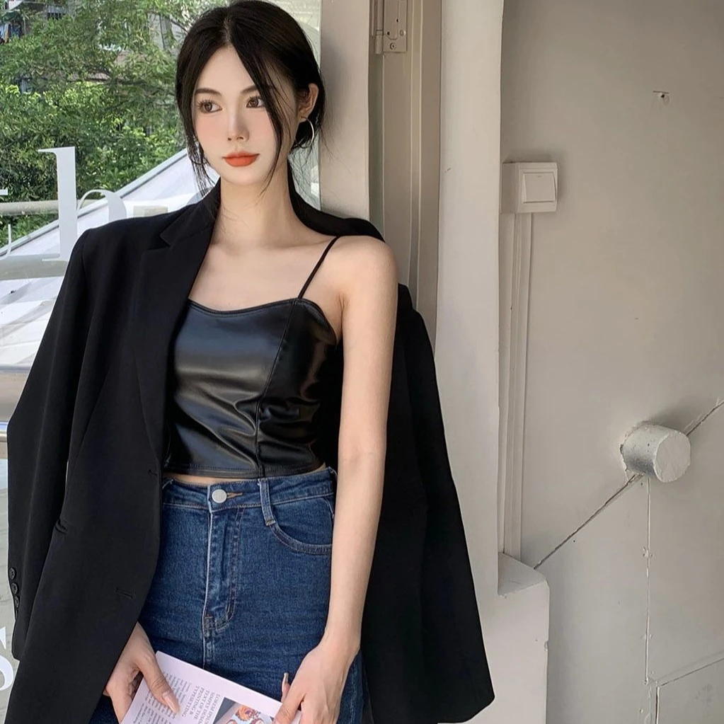 辣妹外穿内搭小皮衣吊带背心带胸垫抹胸女打底无袖百搭短款上衣