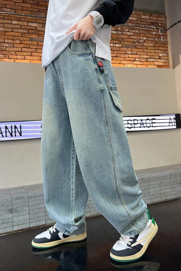 【欢欢优选】春季新款中大童时尚韩版个性宽松复古绣花牛仔裤8003