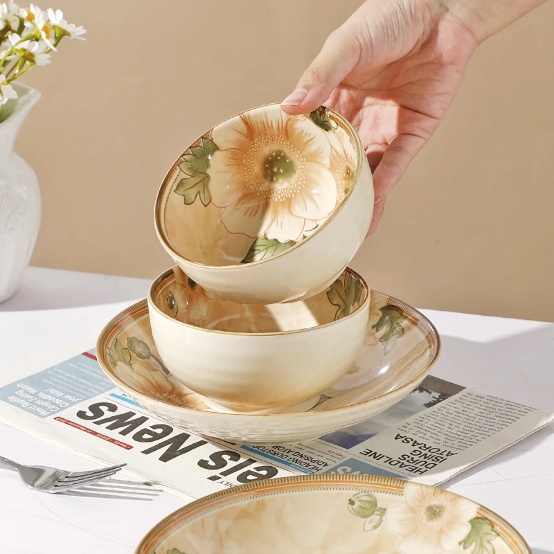 【粉丝福利】茉莉花4碗4盘家用陶瓷碗碟餐具防烫米饭碗菜碟子盘子