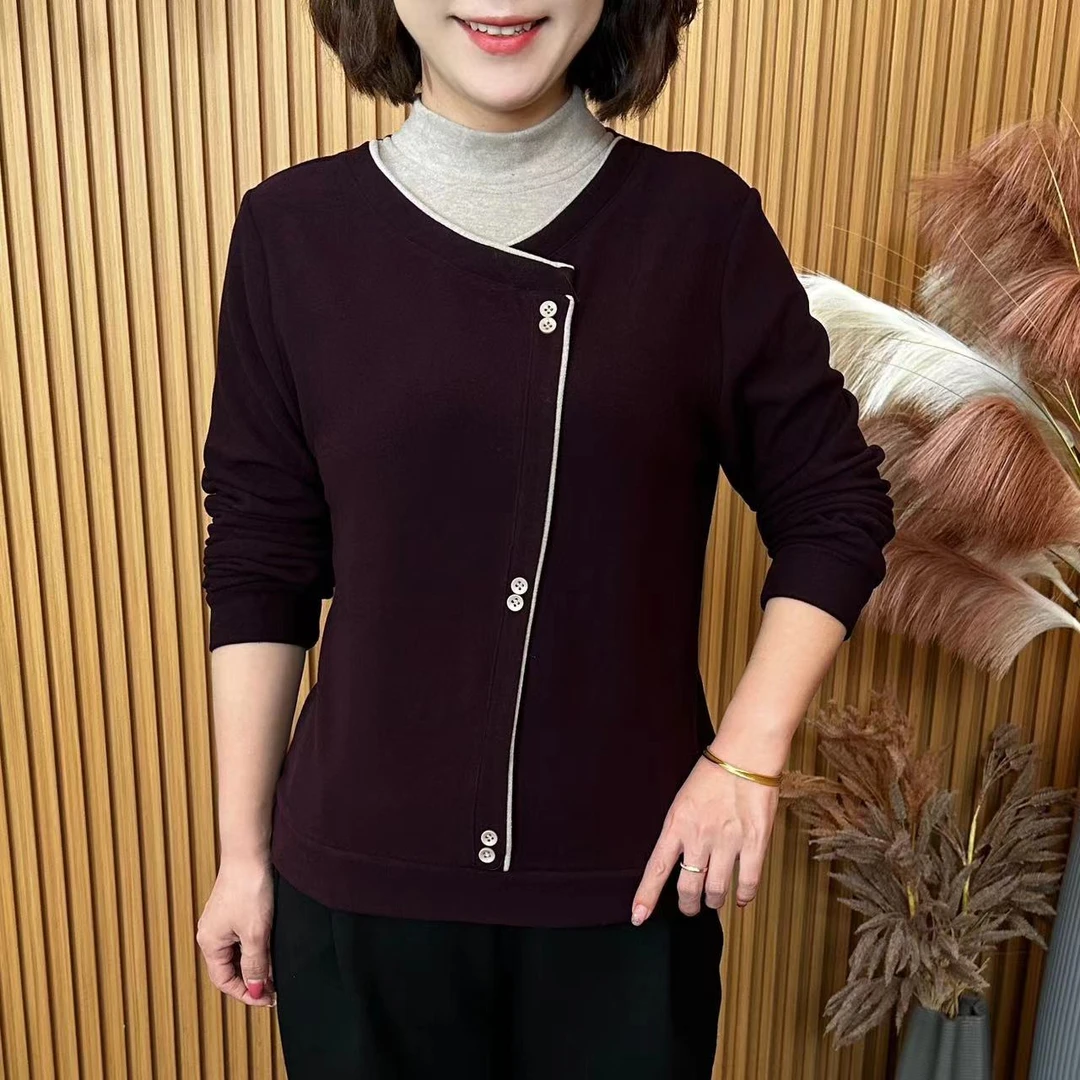 2024秋冬新款拼接半高领斜襟双面绒百搭洋气妈妈装长袖上衣 A825