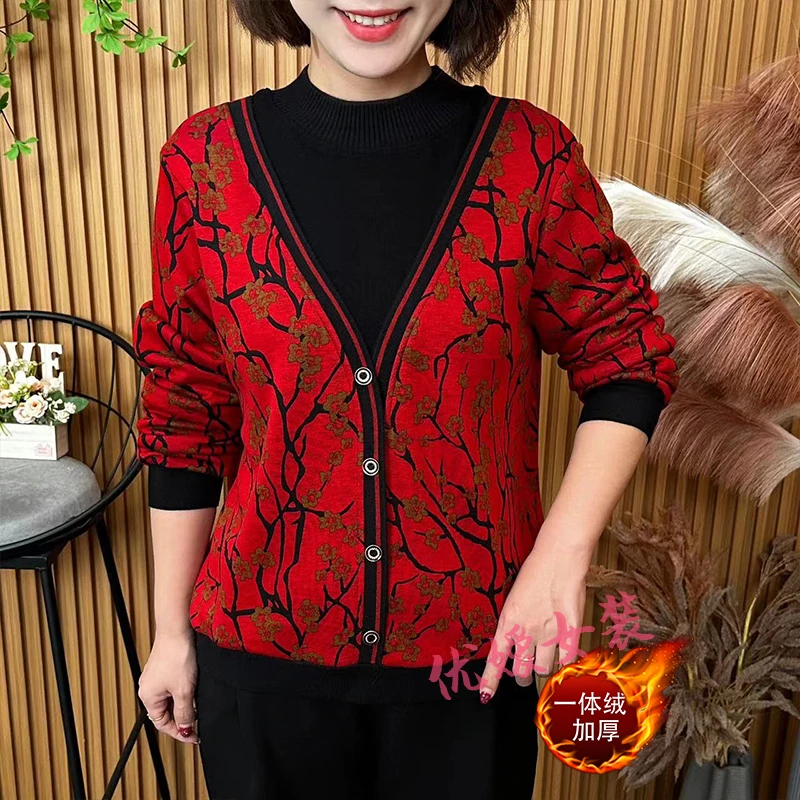 2024冬季时尚新款假两件半高领花色加绒洋气妈妈装长袖上衣 A8632