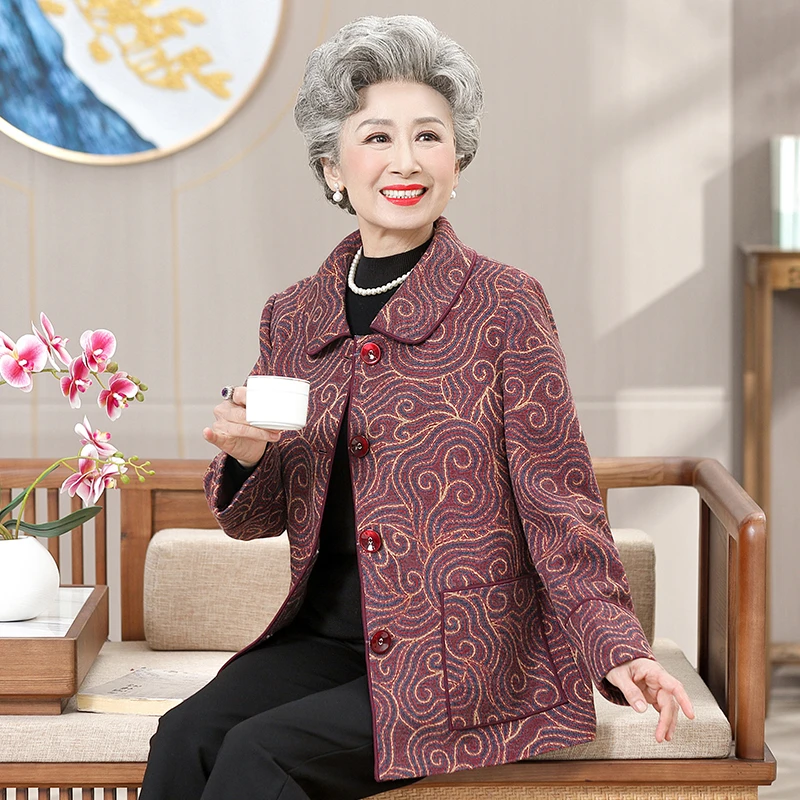 【如意祥云】妈妈秋冬外套翻领中老年人女春秋上衣短款奶奶装老人