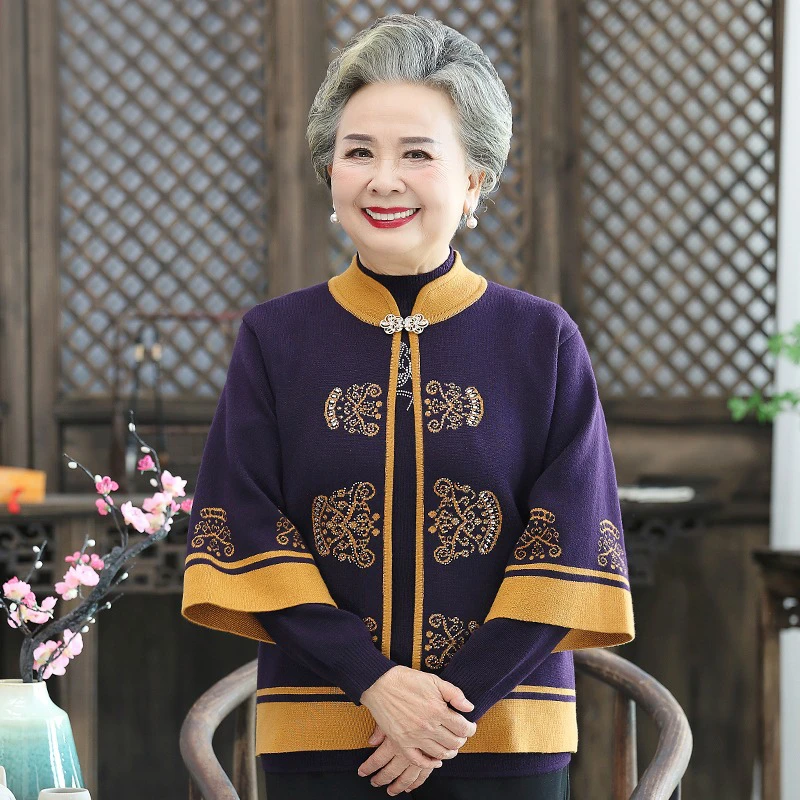 中老年人妈妈装秋款针织两件套上衣高贵老太太开衫6070岁奶奶装