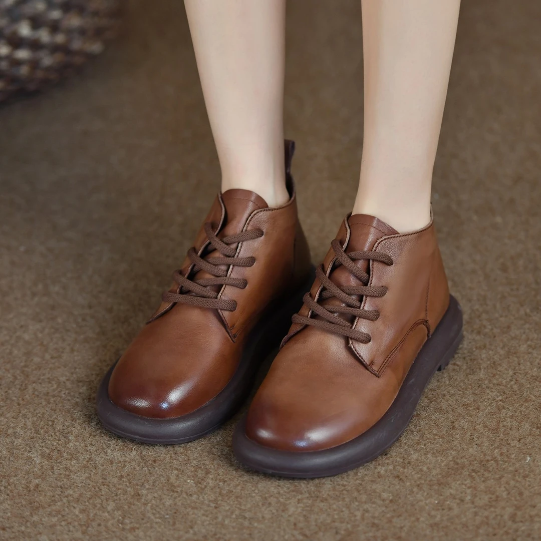 吐火罗02601秋季新款头层牛皮厚底软底系带休闲靴百搭短靴复古女