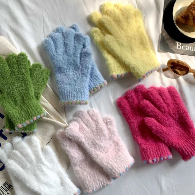 冬季手套可爱露指手套毛绒五指手套女士冬季保暖加绒加厚手