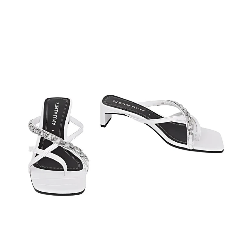 【E36】LUNA夏季带跟方跟交叉凉鞋拼接银链方头中跟凉鞋120146#