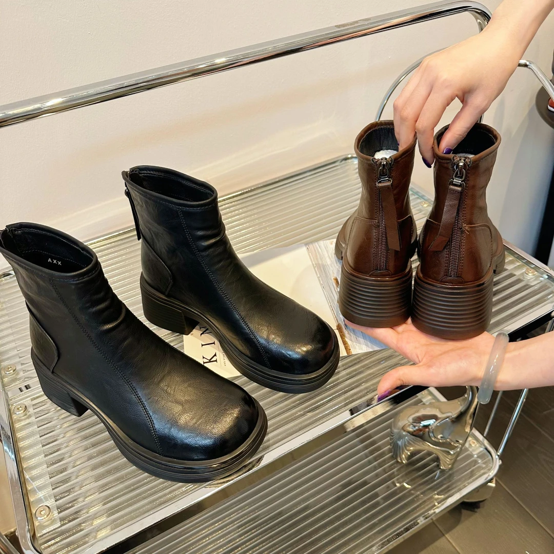 365-1秋冬季新款加绒短靴粗跟增高女靴瘦瘦靴时尚软底切尔西靴