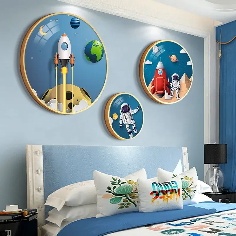 卡通宇航员男孩儿童房壁画现代简约圆形装饰画卧室床头客厅墙挂画