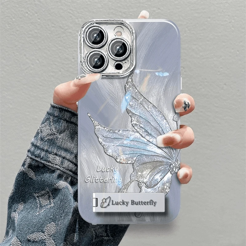 羽纱半边蝴蝶适用苹果iphone13梦幻12时尚闪粉镜羽纱14防摔全包