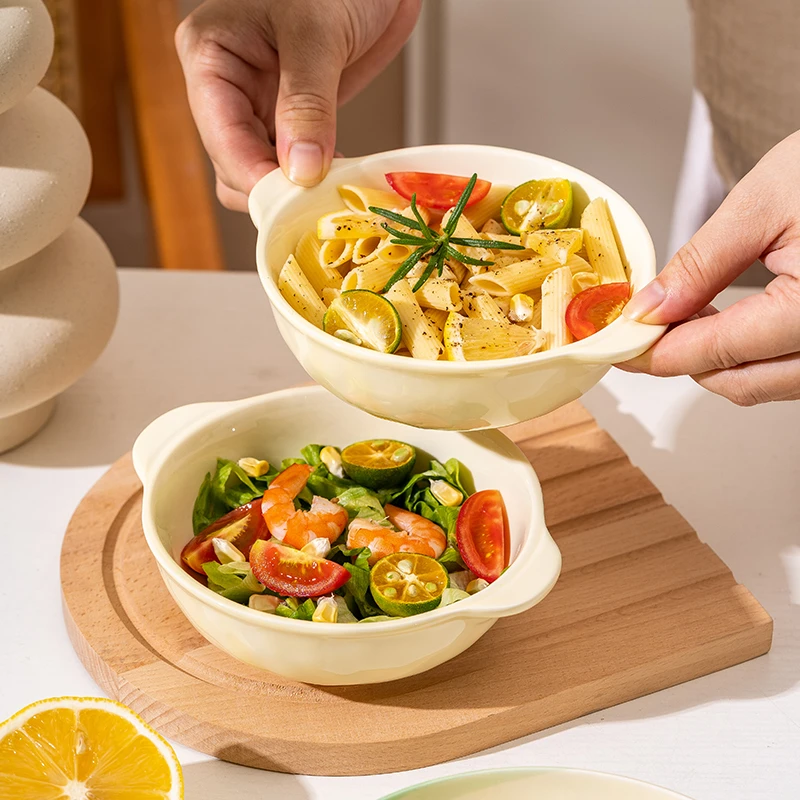 萌趣猫双耳可爱儿童碗陶瓷饭碗烤碗沙拉碗餐具健康釉下彩家用萌趣