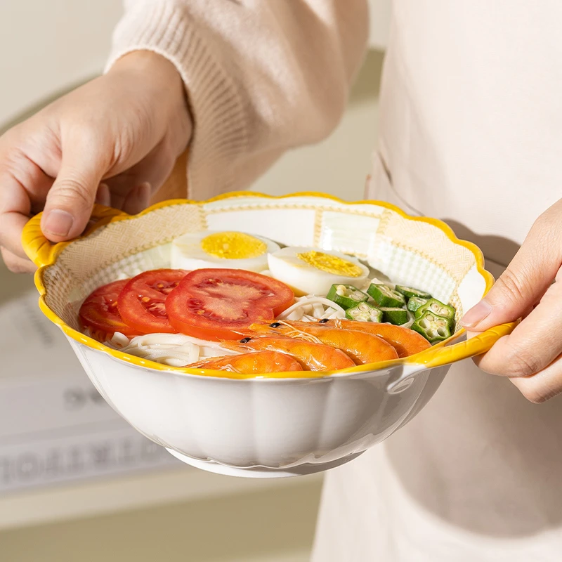 千鸟格7.5英寸双耳汤碗2碗2勺家用碗盘套装面碗汤碗陶瓷沙拉碗餐