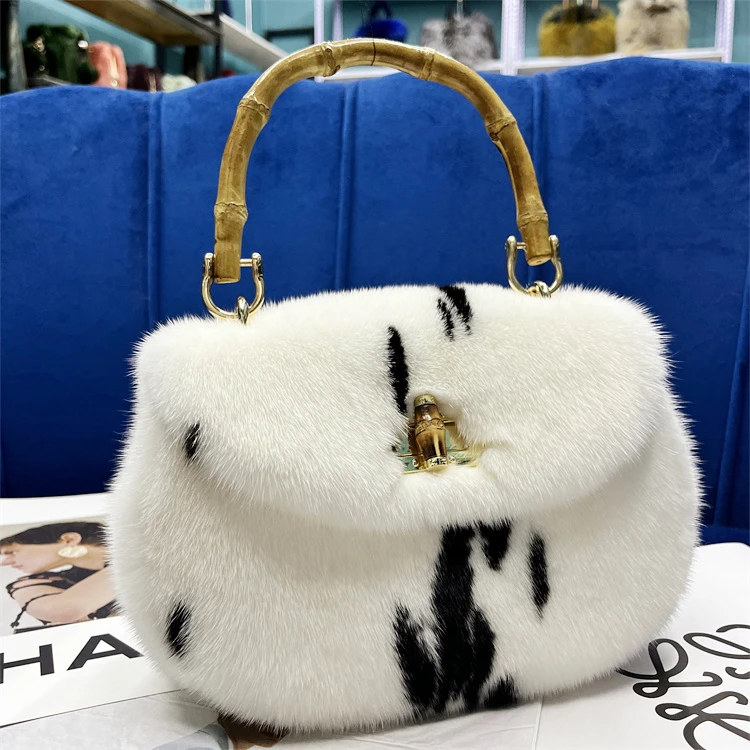 竹节手提包丹麦进口水貂毛整皮2024新款皮草包包简约时尚单肩斜跨