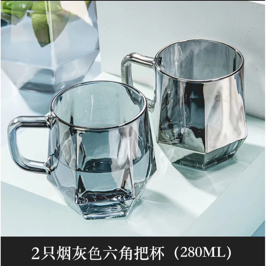 高颜值玻家用耐热玻璃杯网红水杯钻石简约茶杯透明六角喝水杯