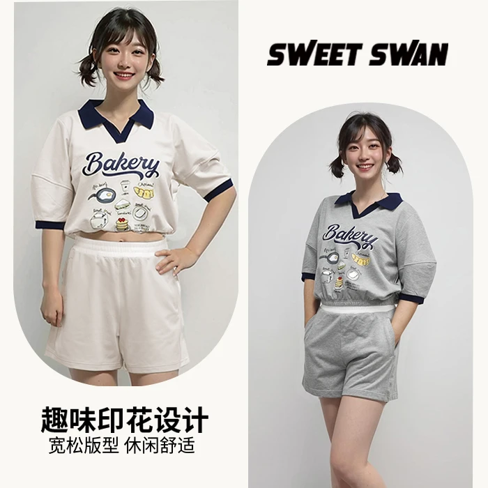 SWEET SWAN甜美学院风POLO领吃货印花立体蓬蓬袖T恤女套装舒适