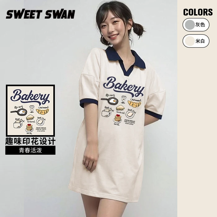 SWEET SWAN甜美学院风POLO领印花蓬蓬袖毛圈直筒连衣裙短裙少女