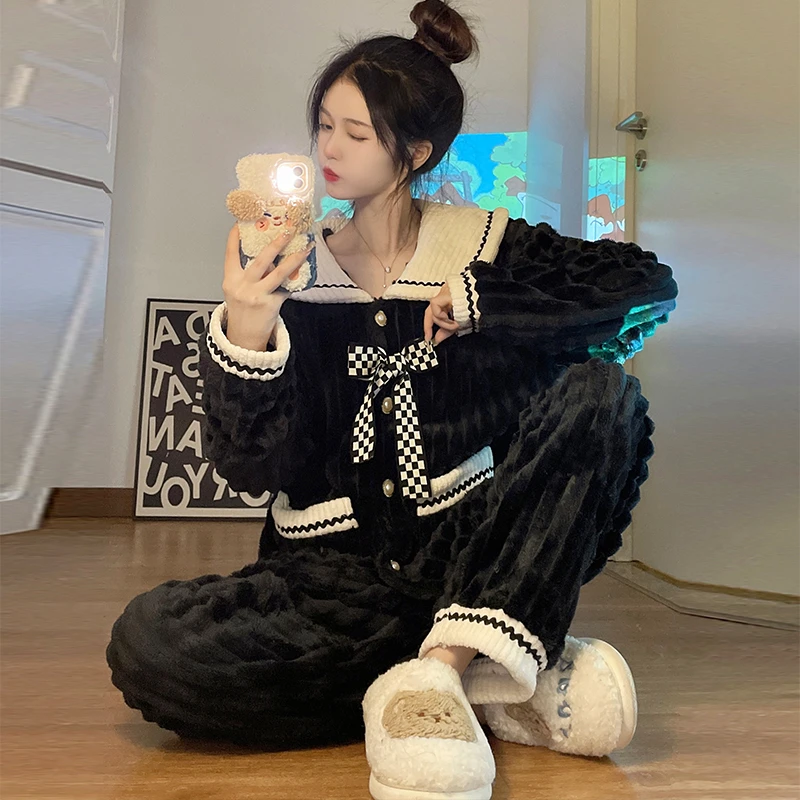 珊瑚绒睡衣女冬季加绒加厚高级感法兰绒冬天家居服套装蝴蝶结黑色