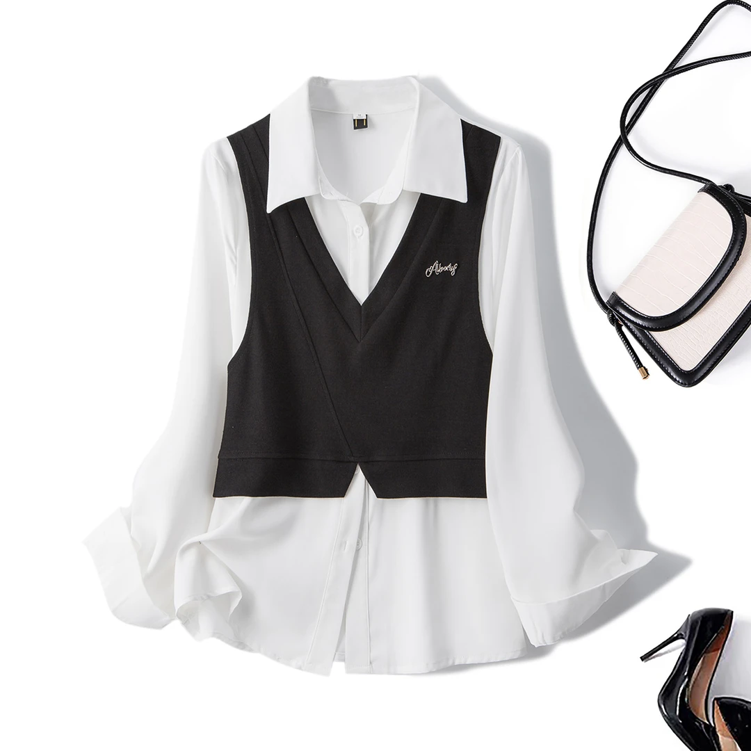 CY63521专享大码女早秋韩系时尚别致假两件衬衫复古马甲拼接上衣