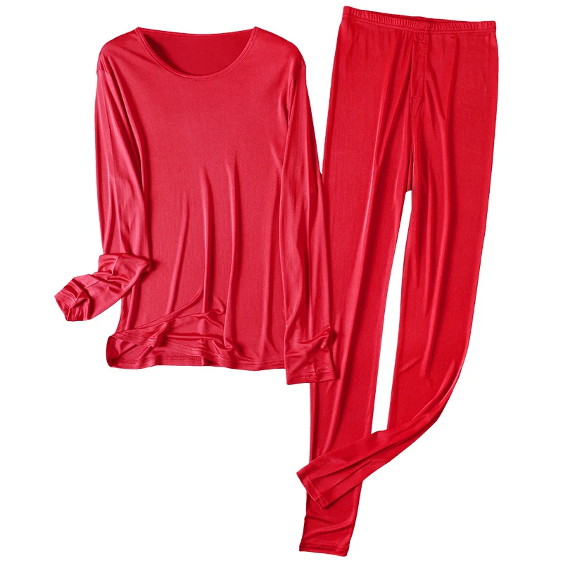 高端桑蚕丝男士真丝秋衣秋裤内衣套 本命年大红色舒适保暖打底衫