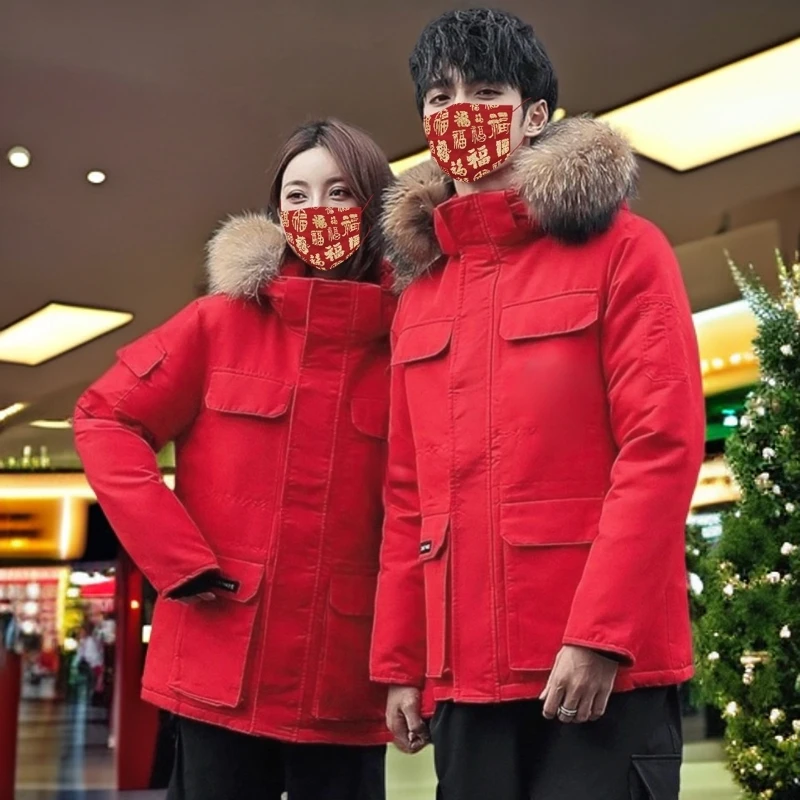 羽棉服不带毛领～男女同款带帽可拆红色和米白色情侣休闲冬季保暖