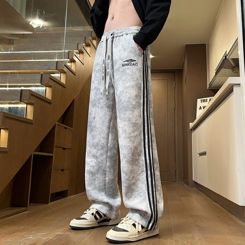 WSYYQIUYI三条杠直筒休闲裤男士秋季复古脏脏vibe裤子潮牌运动