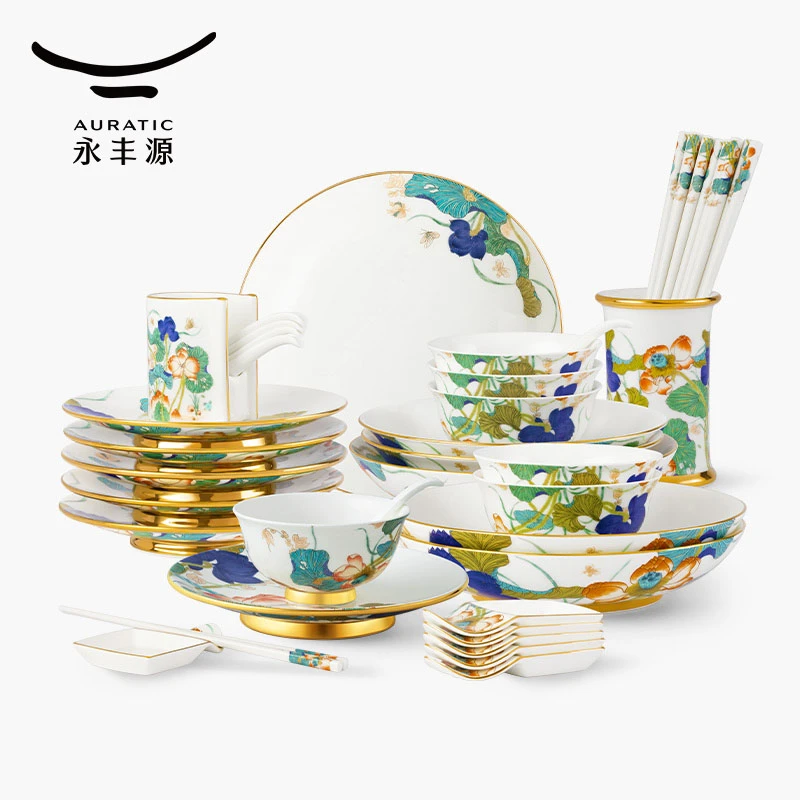 永丰源幸福和鸣44头餐具套装轻奢高档家用结婚中式欧式金边描金