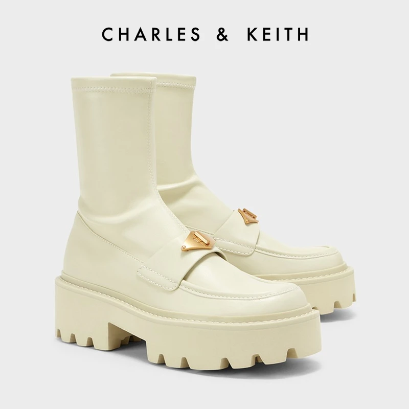 CHARLES&KEITH英伦厚底靴弹力靴黑色中筒烟囱靴女 CK1-90580157