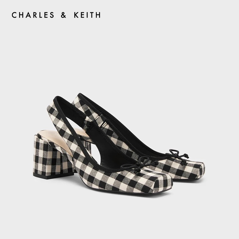CHARLES & KEITH百搭复古格纹方头粗跟凉鞋女鞋 CK1-61720138