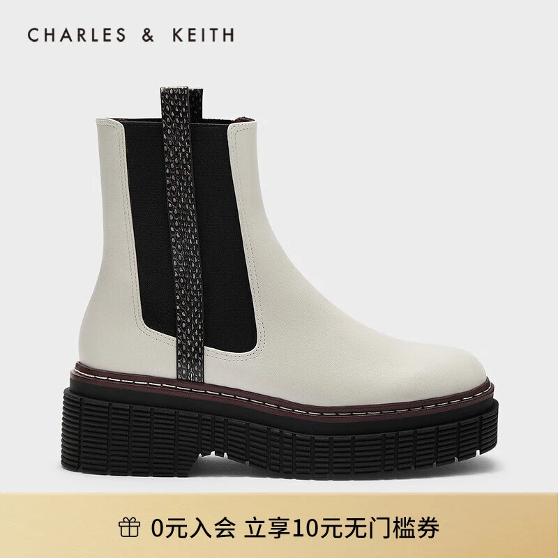 CHARLES＆KEITH女士英伦风烟囱靴撞色复古切尔西短靴CK1-90920083