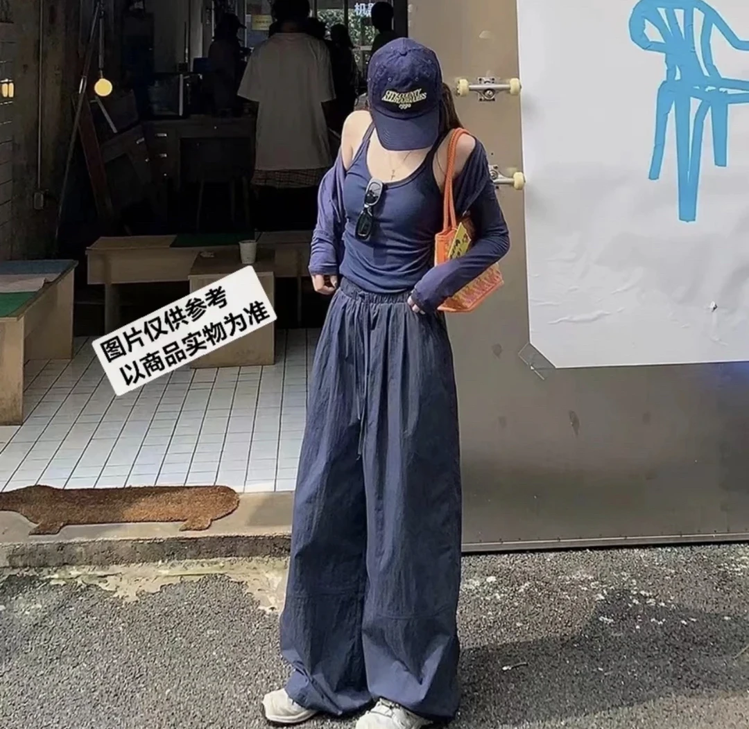 大码女装慵懒风松弛感不规则吊带背心防晒外套阔腿裤气质三件套