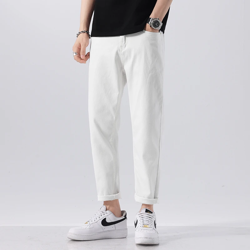 潮流白色九分牛仔裤男春季2025新款修身小脚男士休闲弹力9分裤子