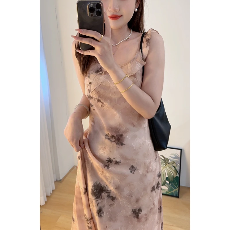 【小媛家】夏款新款显廋韩系简约甜美风花边蝴蝶款长款连衣裙