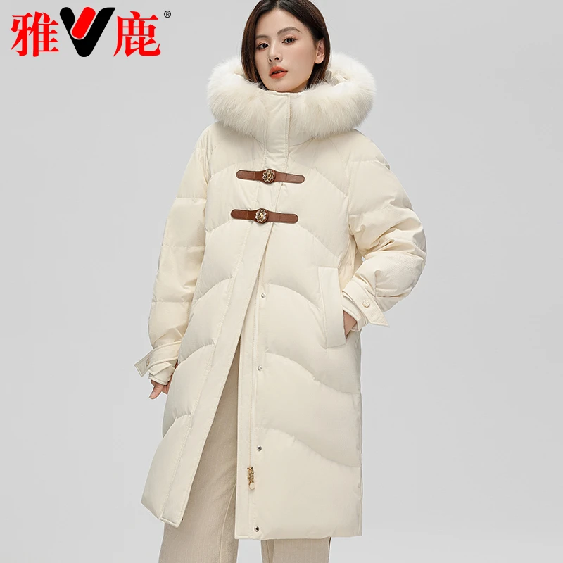 V/雅鹿羽绒服90白鸭绒中长款防风保暖女士冬装洋气外套休闲连帽