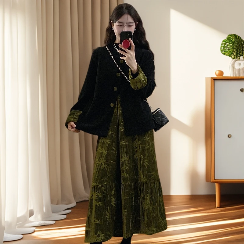 胖MM新中式套装女秋季不规则上衣遮肉显瘦丝绒半身裙子大码两件套