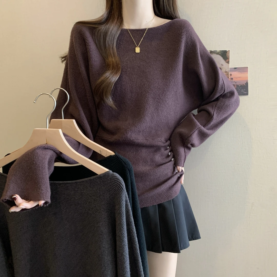 慵懒风一字领蝙蝠袖毛衣女秋冬大码胖mm显瘦不规则毛衣打底衫上衣