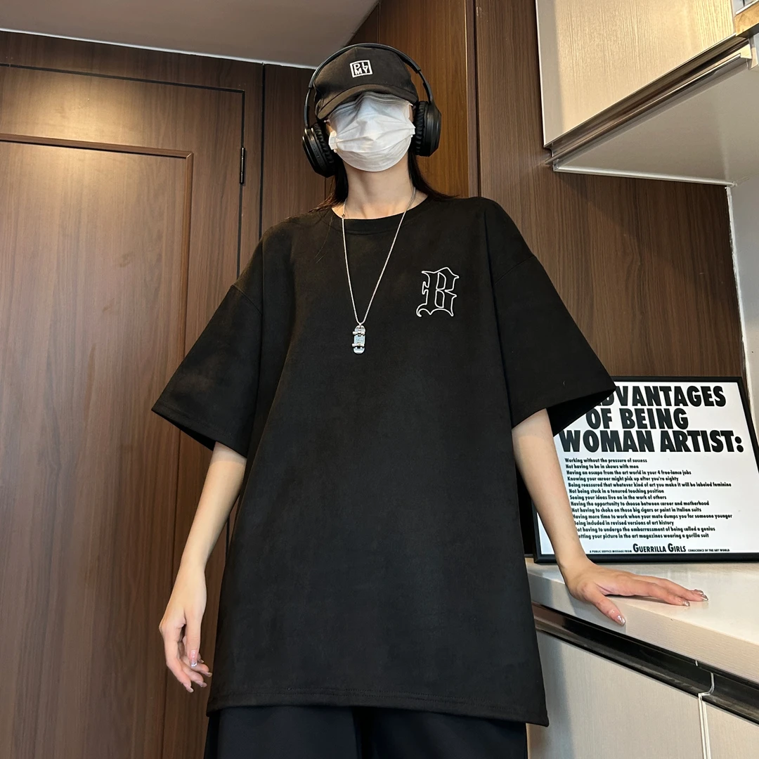 美式复古短袖t恤男女夏刺绣重磅潮牌宽松麂皮绒半袖情侣百搭体恤