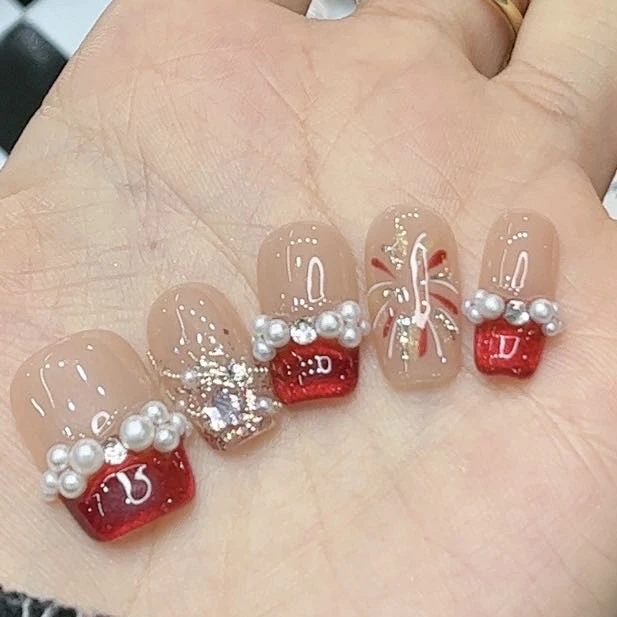 【花火】又又学姐 纯手工（10片）穿戴美甲 红色系猫眼烟花  056