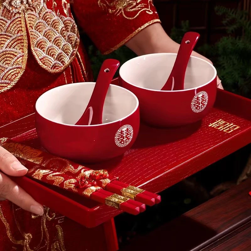 敬酒杯改口敬茶杯杯子红色喜碗敬酒陶瓷盖碗筷婚礼茶具陪嫁用用品