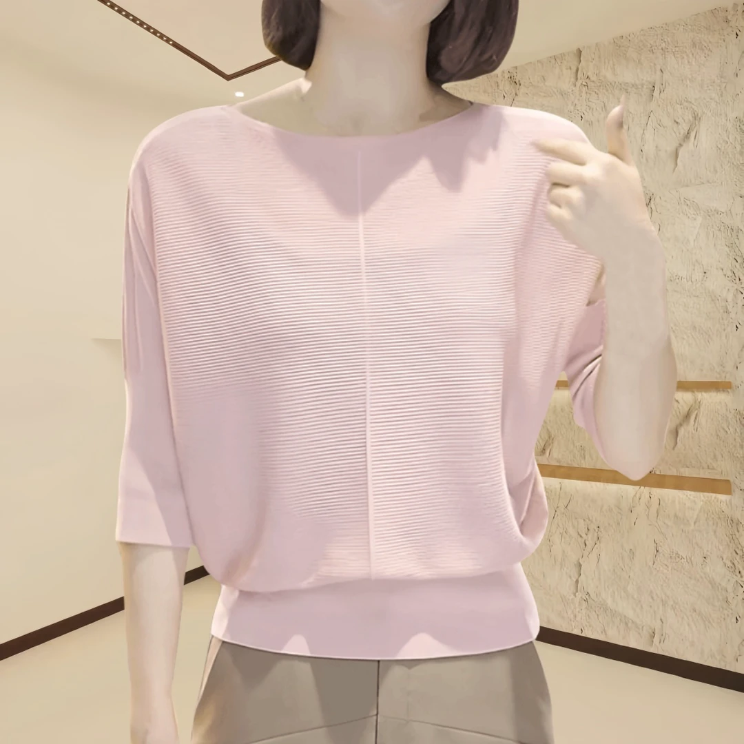 显瘦宽松针织衫上衣2025春季休闲时尚纯色薄款圆领7分袖气质洋气