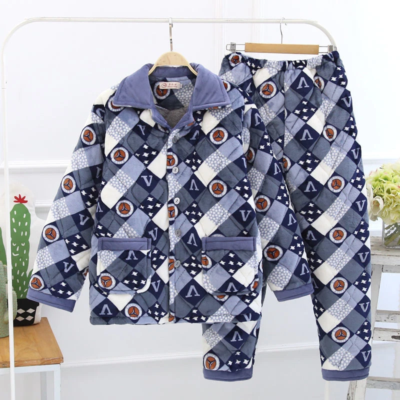 老年人睡衣男冬款加绒加厚珊瑚绒三层夹棉可外穿家居服保暖套装