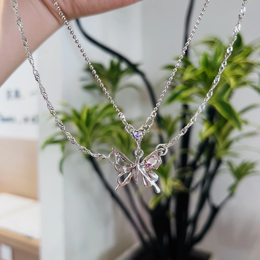 铜合金项链 双层叠戴蝴蝶项链女ins潮酷辣妹配饰设计感超仙锁骨链