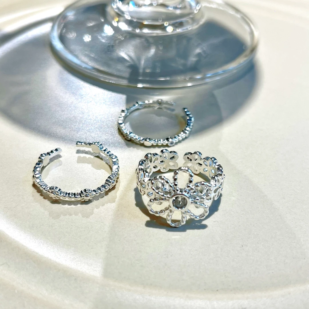 铜合金戒指 银色锆石镂空花朵设计开口指环轻奢高级感套装食指戒