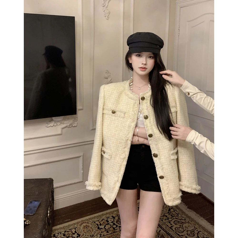 设计感轻奢外套小香风秋冬装复古复古纽扣粗花呢子外套女百搭宽松